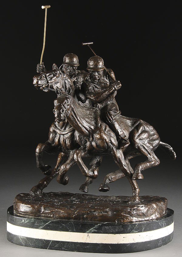 BRONZE SCULPTURE OF POLO PLAYERS: THOMAS HOLLAND (American, 1917-2004). "Polo Players", patinated bronze figure of two horse mounted polo players, inscribed T. Holland, 1960 28/99. Height 20 inches.