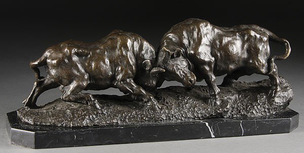 MILO MARTIN BRONZE BULLS: MILO MARTIN (American, 20th Century). Battling Bulls, bronze sculpture of two bulls with horns locked, set on a marble base, inscribed Milo. Length 22 inches.
