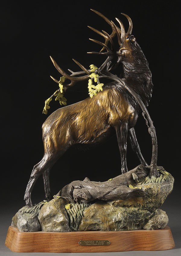 DANIEL RAY PARKER BRONZE ELK: DANIEL RAY PARKER (American, born 1959). Battle Plans, polychrome and patinated bronze figure of an elk raised on oak base, inscribed with title, artist name and 3/49. Height 23 inches.