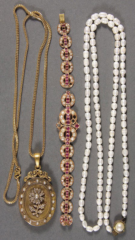 EDWARDIAN LOCKET WITH ROSE CUT DIAMONDS PEARLS: AN EDWARDIAN LOCKET WITH ROSE CUT DIAMONDS AND PEARLS, hallmarked on bale. Chain is stamped 916 (22 karat)(50.94 grams). Including a rose gold, ruby and pearl bracelet (18.71 grams) and a freshwater p