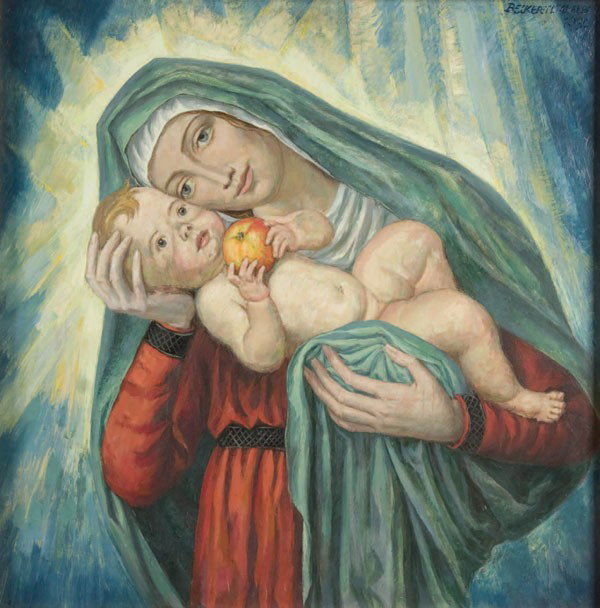 MADONNA AND CHILD OIL PAINTING: MADONNA AND CHILD OIL PAINTING, FRANZ BECKER-TEMPELBURG (Austrian b.1876) Madonna and Child - 1930, Oil on board, Signed upper right and dated 1930 23.5 inches x 23.5 inches (60 x 60 cm).