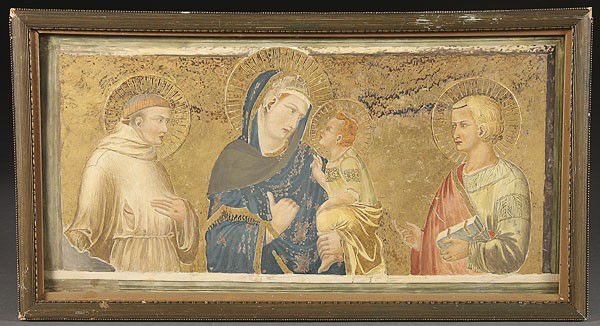 VIRGIN AND CHILD WITH SAINTS PAINTING: THE VIRGIN AND CHILD WITH SAINTS, a frescoed wood panel with gilding, circa 1890, after the fresco in the lower Church of St. Francis in Assisi by Pietro Lorenzetti. 8 inches x 16.25 inches (20.3 x 41