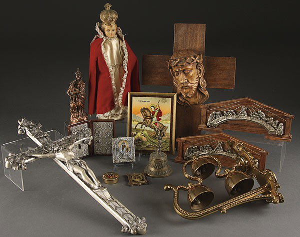 GROUP OF CATHOLIC DEVOTIONAL ITEMS: GROUP OF CATHOLIC DEVOTIONAL ITEMS, comprising over 50 pieces including a silvered wall mounted crucifix, length 19.25 inches (48.9 cm); and Infant of Prague, carved relief figure of Christ, icons, La