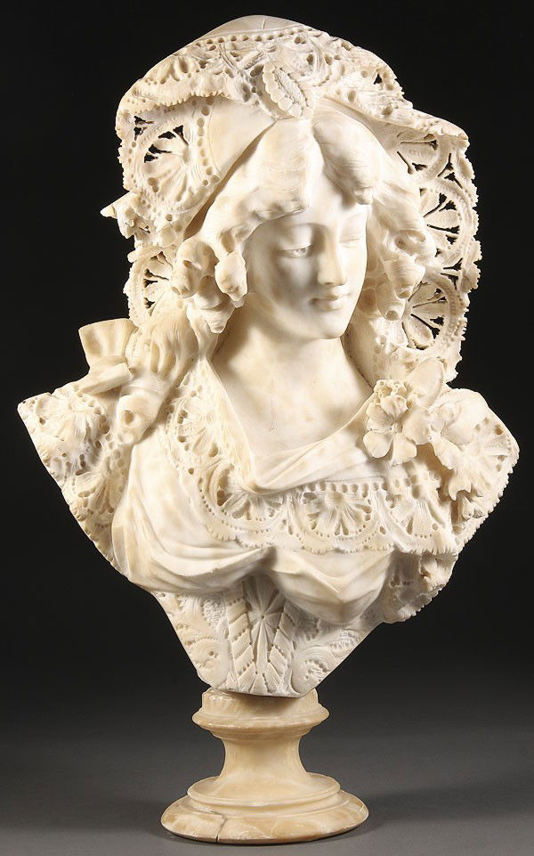 ITALIAN CARVED ALABASTER FIGURE YOUNG BEAUTY: AN ITALIAN CARVED ALABASTER FIGURE OF A YOUNG BEAUTY, CIRCA 1900. Fully carved in the round, depicted with a reticulated lace style headdress, some minor losses. Height 27 inches (68.6 cm).