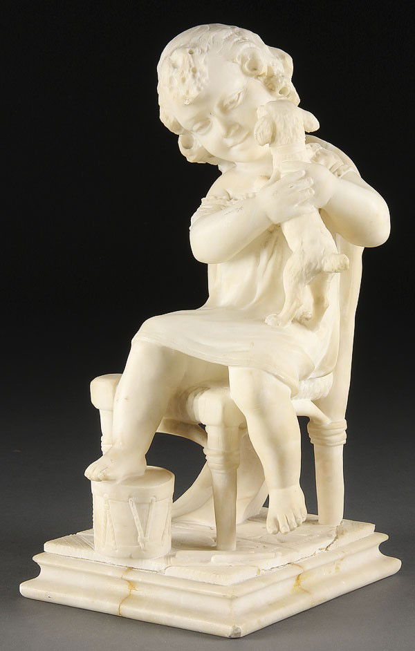 AN ITALIAN CARVED ALABASTER FIGURE OF A YOUNG GIRL: AN ITALIAN CARVED ALABASTER FIGURE OF A YOUNG GIRL WITH PUPPY, EARLY 20TH CENTURY. Depicted in seated form with affectionate puppy on lap. Some minor repairs. Height 15 inches.
