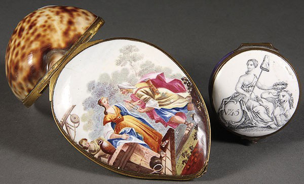 18TH CENTURY ENGLISH BATTERSEA ENAMELED BOXES: A PAIR OF 18TH CENTURY ENGLISH BATTERSEA ENAMELED BOXES. The largest with gilt bronze hinged frame mounted on a brown mottled seashell. Length 2 inches and 4 inches.