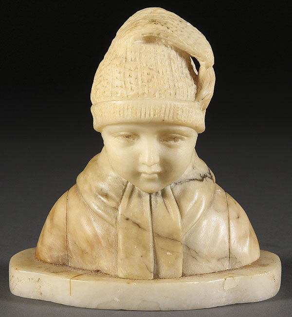 FRENCH OR ITALIAN CARVED SOAPSTONE BUST: A GOOD FRENCH OR ITALIAN CARVED SOAPSTONE BUST, CIRCA 1900. Of a young boy in stocking cap. Height 5.25 inches.