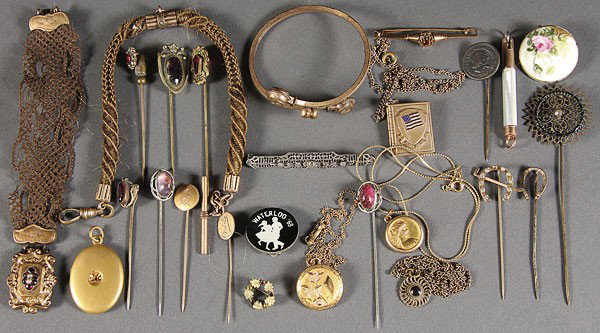 STICK PINS, HAIR JEWELRY CHAINS LOCKETS: AN INTERESTING ASSORTMENT OF STICK PINS, HAIR JEWELRY, CHAINS AND LOCKETS, including a retractable button hook marked patent September 21, 1871, with mother of pearl and rose gold plate.