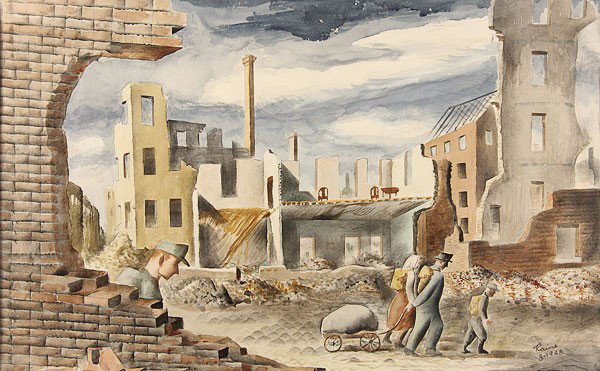 WPA REGIONALIST STYLE WATERCOLORS, A GROUP OF THRE: WPA REGIONALIST STYLE WATERCOLORS, A GROUP OF THREE. Earle Thomas Raine (American 1911-2005), including Refugees in a Bombed Out European City-1948, watercolor on paper, signed Raine and dated 1948 lo