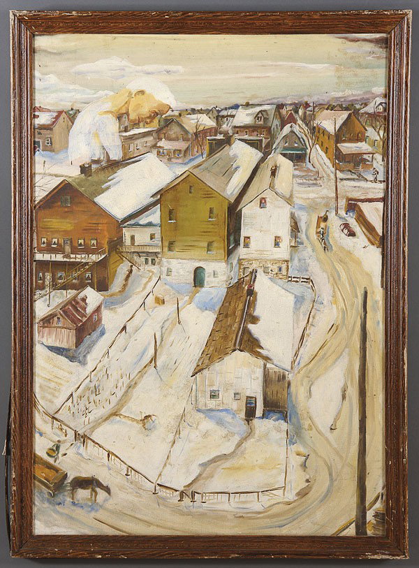 WPA STYLE OIL PAINTING, CIRCA 1935: WPA STYLE OIL PAINTING, CIRCA 1935. Depicting a Winter Cityscape with an unusually large figure at upper, oil on canvas, apparently unsigned, 32.5 inches x 22.5 inches.