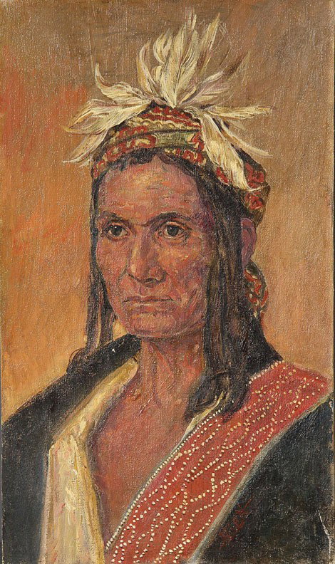 NATIVE AMERICAN PORTRAITS, A PAIR OF PAINTINGS,: NATIVE AMERICAN PORTRAITS, A PAIR OF PAINTINGS, Marion Boyd Allen (American 1862-1941) Portrait of a Male Indian, oil on canvas laid down, signed lower right, 17.75 inches x 10.5 inches, together with