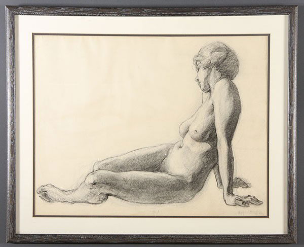 SEATED FEMALE NUDE: SEATED FEMALE NUDE– circa 1925, charcoal on paper, 19 inches x 24.35 inches; together with a Still Life with Wine Bottles, oil on canvas, signed lower right, 21.75 inches x 28 inches. Both by artist