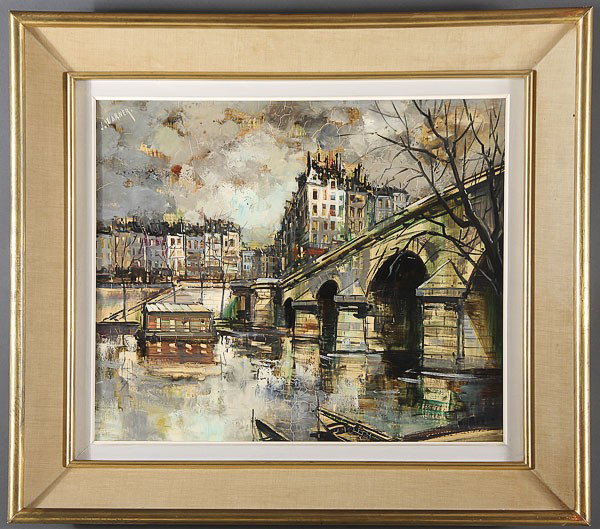 EUROPEAN ARTWORK, A PAIR: EUROPEAN ARTWORK, A PAIR, Along the Seine-Paris, oil on canvas, signed __ Warner upper left, 18 inches x 21.5 inches; together with a hand colored lithograph depicting two German Shepherds, inscribed 