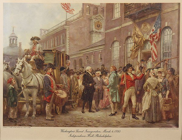 EIGHT FRAMED WORKS OF ART: EIGHT FRAMED WORKS OF ART, comprising a color lithograph after the original painting by Jean Leon Gerome Ferris (American1863-1930), Washington’s Second Inauguration, March 4, 1793, Independence, Ph