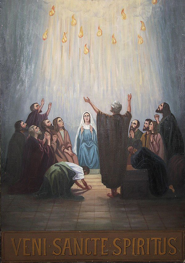 LARGE RELIGIOUS PAINTING, JESUS, MARY C. 1900: GERMAN SCHOOL OIL PAINTING, German School (circa 1900), The Apostles with Mary, oil on canvas, 59.5 inches x 42 inches (151.1 x 106.7 cm), unframed.