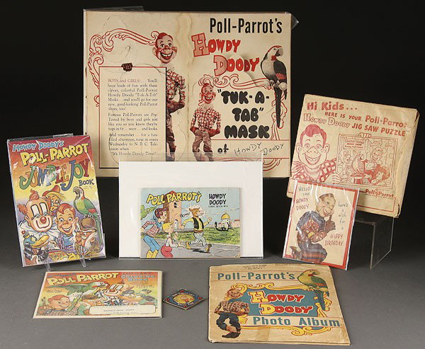 HOWDY DOODY FOR PAUL PARROT ADVERTISING: A HOWDY DOODY FOR POLL PARROT ADVERTISING COLLECTION. Seven pieces, mid 20th century, comprising a Number 4 comic book, jigsaw puzzle, photo album, Tuk-A-Tab mask, detective disguises, jumble book, co