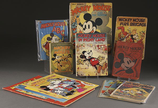 26 VINTAGE DISNEY MICKEY MOUSE BOOKS: 26 VINTAGE DISNEY MICKEY MOUSE BOOKS INCLUDING "Mickey in Pigmy Land" dated 1935"Wedding Party" song sheet, "Mickey Fire Brigade" dated 1936 " The Adventures of Mickey Mouse" dated 1932, several comic