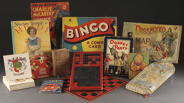 19 VINTAGE GAMES AND PUZZLES: 19 VINTAGE GAMES AND PUZZLES, EARLY TO MID 20TH CENTURY, including Disney Three Little Pigs, Charley McCarthy, a Duffield New Swiss Family Robinson book, and Billy Whiskers color book.
