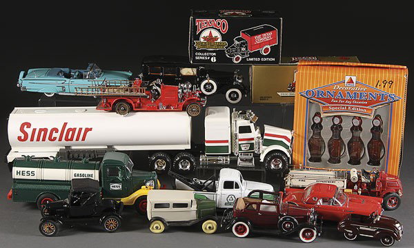 A 16 PIECE PRECISION DIE CAST METAL CARS FRANKLIN: A 16 PIECE COLLECTION OF PRECISION DIE CAST METAL AND PLASTIC VEHICLES including Franklin Mint, Ertl Banks, and other items, some in original box, the largest 22 inches.