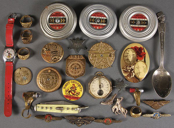 A RADIO CHARACTER PREMIUM COLLECTION: A RADIO CHARACTER PREMIUM COLLECTION, 1930'S TO 1950'S, over 50 pieces including Radio Orphan Annie, Captain Midnight, Sky Patrol, Lone Ranger, a Mickey Mouse watch, and other items including miniatur