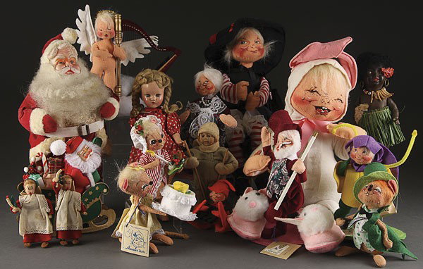 ANNALEE SEASONAL DOLLS, 20TH CENTURY.: ANNALEE SEASONAL DOLLS, 20TH CENTURY. Over 20 dolls including Christmas, Halloween and Easter dolls; together with Soviet made dolls, wooden young girls with glass eyes along with various others of di