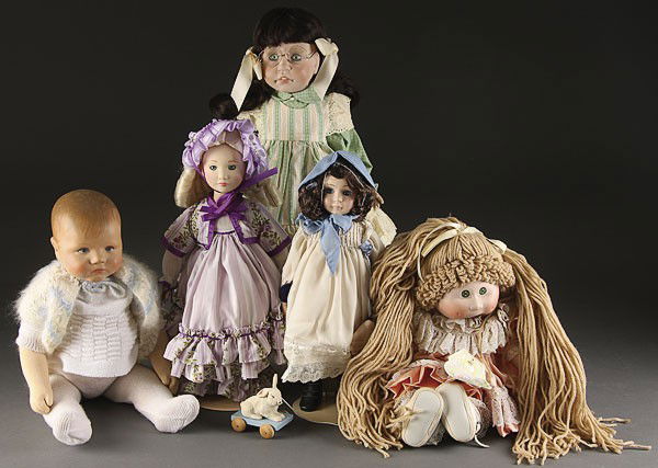 CABBAGE PATCH, SUSIE GIBSON DOLL, GOOD-KRUGER: CABBAGE PATCH, SUSIE GIBSON DOLL, GOOD-KRUGER AND OTHERS, 20TH CENTURY. A group of eleven dolls including Cabbage Patch “Jessica Louise,” “Stephanie Ann,” “Jeffrey Nicholas”; porcelain dol