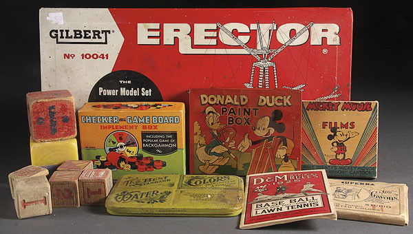 A GILBERT ERECTOR SET NO. 10041: A GILBERT ERECTOR SET NO. 10041 in original box, together with 1950 Donald Duck paint box and other Disney items along with wooden child’s blocks, early crayons and other items.