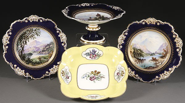 DAVENPORT STAFFORDSHIRE HAND PAINTED PLATES: A PAIR OF DAVENPORT STAFFORDSHIRE HAND PAINTED CABINET PLATES, 19TH CENTURY. With scenes of "Upper Lake Killarney Derwentwater", a matching footed compote with castle, together with a Royal Worcester 