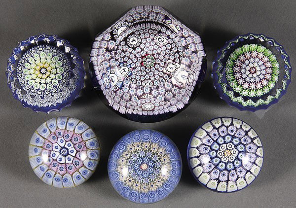 6 PERTSHIRE ART GLASS PAPERWEIGHTS, 20TH CENTURY.: SIX PERTHSHIRE ART GLASS PAPERWEIGHTS, 20TH CENTURY. Consisting of a very fine millefiori close pack cut windows with animal centers including cat, swan, bird and penguin; and five miniature millefior