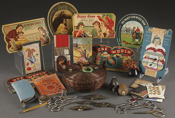A 62 PIECE COLLECTION OF VINTAGE SEWING NOTIONS,: A 62 PIECE COLLECTION OF VINTAGE SEWING NOTIONS, EARLY TO MID 20TH CENTURY. Including needle books, figural embroidery scissors, tating shuttles, a carved and bone mounted acorn form thimble case, tog