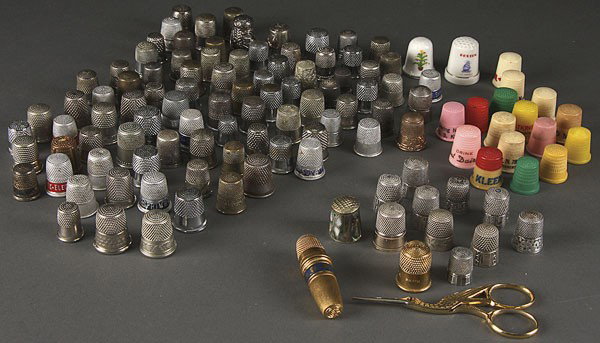A 116 VINTAGE THIMBLES, EARLY TO MID 20TH CENTURY: A 116 VINTAGE THIMBLES, EARLY TO MID 20TH CENTURY. Including 12 sterling, gold filled, advertising, and others.