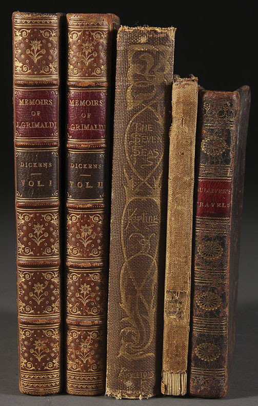 FIVE ANTIQUE BOOKS, 19TH CENTURY.: FIVE ANTIQUE BOOKS, 19TH CENTURY. Including “Memoirs of Joseph Grimaldi” Vol. 1 and 2 by Richard Bentley, London; “The Seven Seas” by Rudyard Kipling; “Travels into Several Remote Nations of