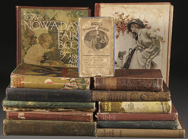 A GROUP OF 14 ANTIQUE BOOKS, EARLY 20TH CENTURY.: A GROUP OF 14 ANTIQUE BOOKS, EARLY 20TH CENTURY. Including “Character Sketches from Charles Dickens” by Kyd published by Raphael Tuck and Sons; “Little Black Sambo”; “Alice’s Adventures in