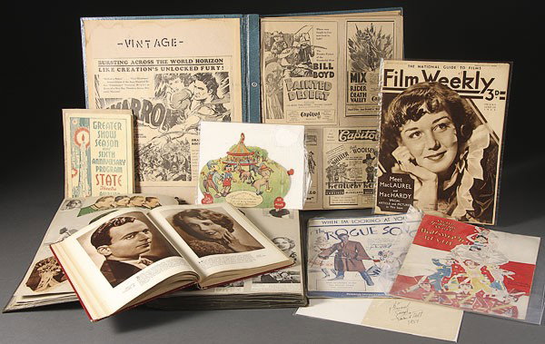 A VINTAGE MOVIE MEMORABILIA COLLECTION, 20TH CENT: A VINTAGE MOVIE MEMORABILIA COLLECTION, 20TH CENTURY. Over 100 pieces, including a Laurence Tibitz autograph, a scrapbook containing movie advertising, old sheet music from the 1920-1930’s, and vari