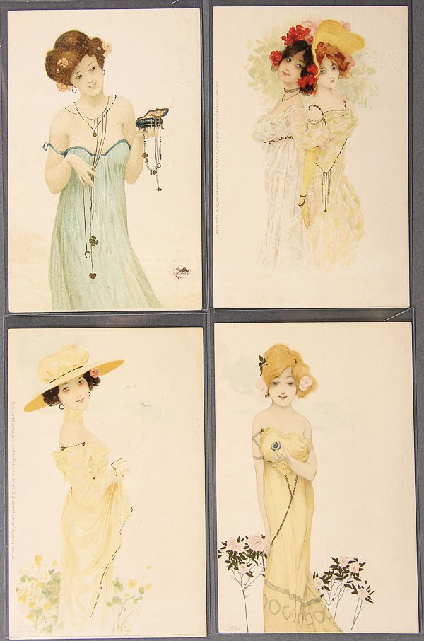 FOUR RAPHAEL KIRCHNER POSTCARDS: FOUR RAPHAEL KIRCHNER POSTCARDS. Two postally used, two postally unused. Excellent to near mint condition.