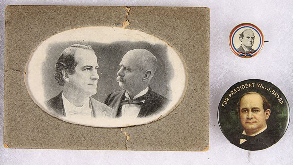A WILLIAM JENNINGS BRYAN POLITICAL BUTTON GROUP,: A WILLIAM JENNINGS BRYAN POLITICAL BUTTON GROUP, CIRCA 1900. Comprising a 1 inch and 1.75 inch single portrait buttons, and a printed merchants card for Bryan and Stevenson.