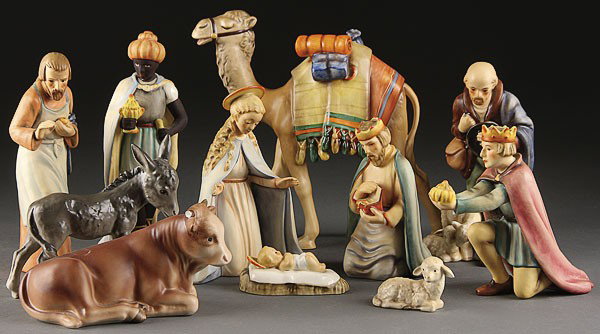 GOEBEL HUMMEL NATIVITY GROUP, 20TH CENTURY.: A GOEBEL HUMMEL NATIVITY GROUP, 20TH CENTURY. 11 pieces including “Madonna, Infant Jesus, Joseph, Cow, Donkey” and others. Height 2 inches to 9 inches