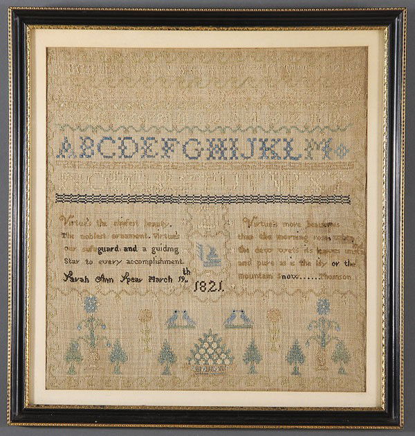 A LARGE EARLY HANDSTITCHED VICTORIAN SAMPLER: A LARGE EARLY HANDSTITCHED VICTORIAN SAMPLER BY SARAH ANN SPEAR MARCH 19, 1821 with poetry verse alphabet, floral and animal figures contained in a later glazed frame. 18.5 inches by 19.5 inches.