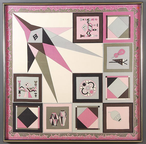 AN EMILIO FOR BRANIFF INTERNATIONAL PUCCI SCARF: AN EMILIO FOR BRANIFF INTERNATIONAL SCARF, CIRCA 1965. Printed colors on silk, presumably the first Pucci scarf for Braniff. 36 inches x 36 inches.