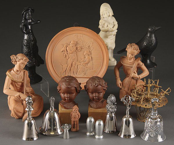 AN ALABASTER, TERRACOTTA & SILVER PLATE GROUP: AN ALABASTER, TERRACOTTA AND SILVER PLATE GROUPING, 20TH CENTURY. 17 pieces consisting of a pair of mandolin playing figural girls inscribed MHW, a round Greek scene terracotta plaque with Michael And