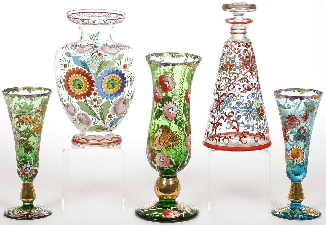 VINTAGE BOHEMIAN ENAMELED GLASS: VINTAGE BOHEMIAN ENAMELED GLASS. Comprising 5 individual pieces including a vase, footed goblets, and conical bottle with fitted stopper. Greatest height 10 inches.SHIPPING NOTICE:Jackson's is your
