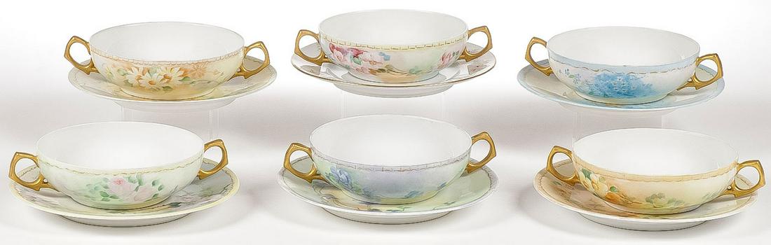 SIX HAND PAINTED CREAM OR SOUP BOWLS: SIX HAND PAINTED CREAM OR SOUP BOWLS. Each double handled bowl with matching underplate, and each with a Limoges mark on underside. Greatest diameter 7.4 inches. SHIPPING NOTICE: Jackson's is your sol