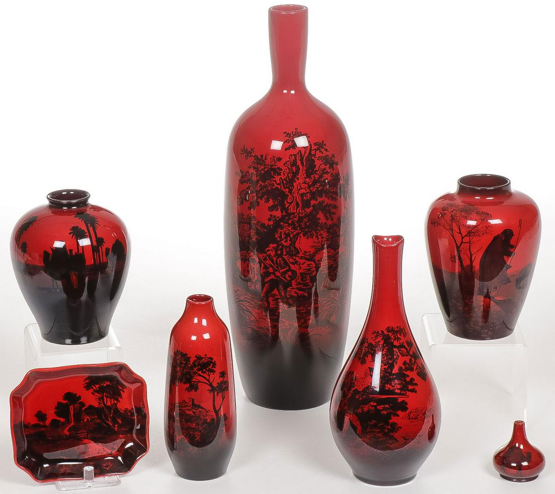 SEVEN PIECES ROYAL DOULTON FLAMBE VASES & TRAY (1 of 2)