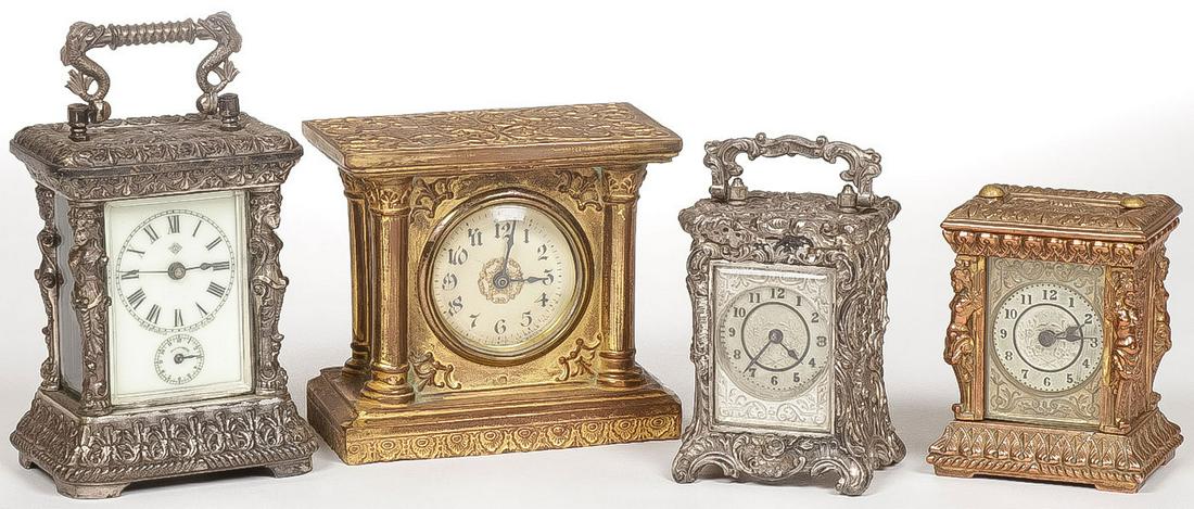 FOUR CARRIAGE OR MINIATURE CLOCKS (1 of 3)