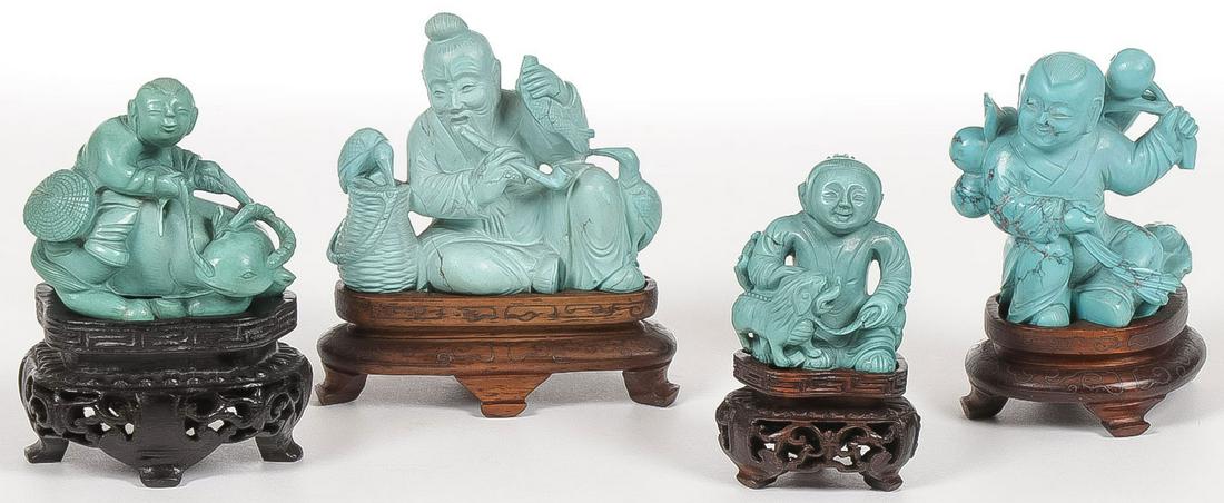FOUR CHINESE CARVED TURQUOISE FIGURES (1 of 3)