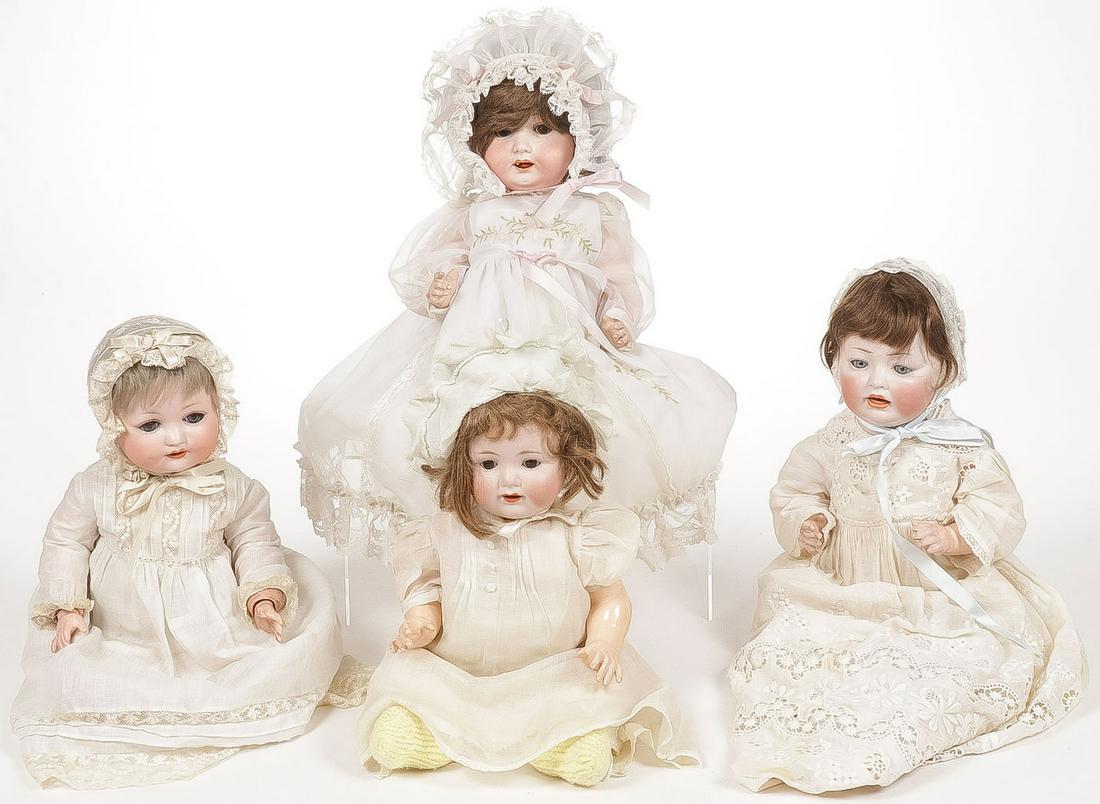 FOUR GERMAN BISQUE DOLLS: FOUR GERMAN BISQUE DOLLS. Various makers and in various states of condition as shown, greatest height 17 inches. SHIPPING NOTICE:Jackson's is your sole and only source for one stop packing and shipp