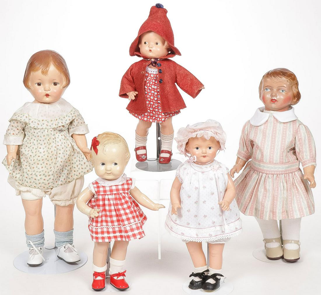 VINTAGE COMPO DOLL GROUP: VINTAGE COMPO DOLL GROUP. Various makers including Effanbee, Kewty, and others as shown, greatest height 17.75 inches.SHIPPING NOTICE:Jackson's is your sole and only source for one stop packing and