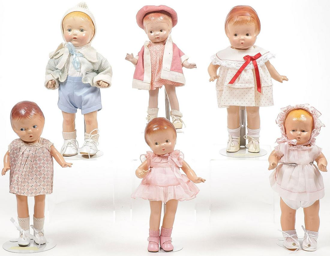 SIX VINTAGE COMPO DOLLS: SIX VINTAGE COMPO DOLLS. Comprising six individual composition dolls in very good condition including examples by Effanbee (Patsy), Sally by American Character, a Horsman baby boy, and others as shown
