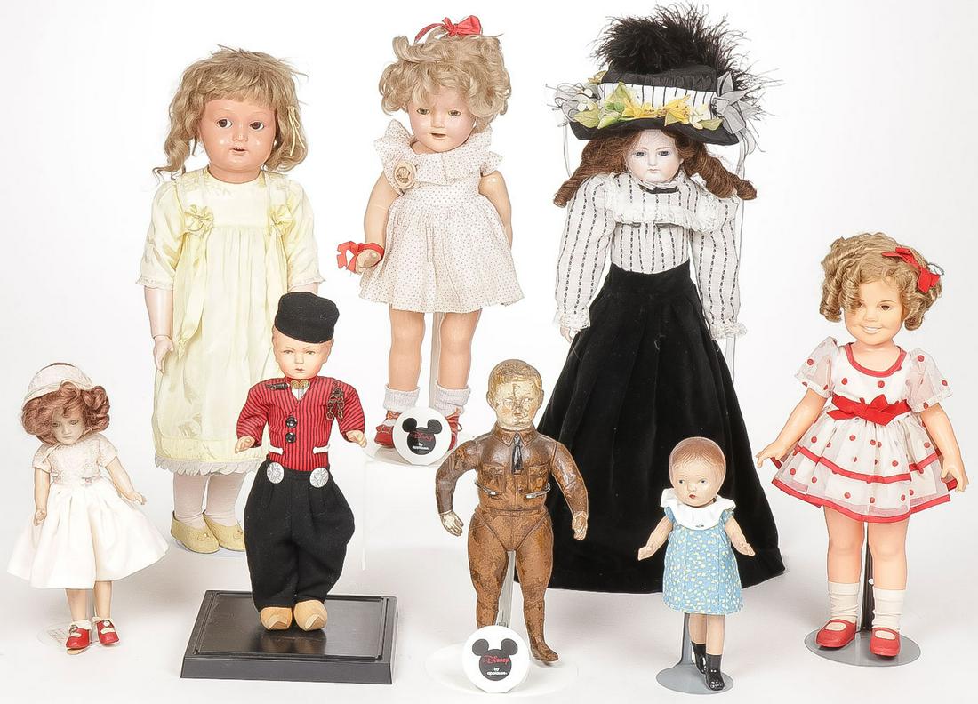 SEVEN VARIOUS DOLLS: SEVEN VARIOUS DOLLS . Including a petrified rubber WWI soldier by Ideal, a composition girl, a scarce Kammer and Reinhardt Celluloid doll #717/58, a Shirley Temple compo doll (with restorations), a Sh