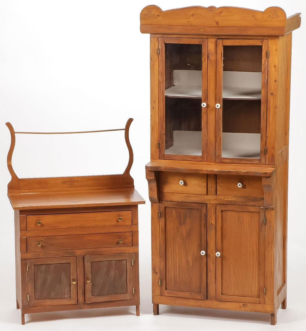 PAIR VINTAGE CHILDREN'S FURNITURE: PAIR VINTAGE CHILDREN'S FURNITURE. Comprising a charming pine kitchen cupboard with porcelain pulls, height 52.5 inches, depth 15 inches, width 23.75 inches, and a two-drawer dresser commode with wish